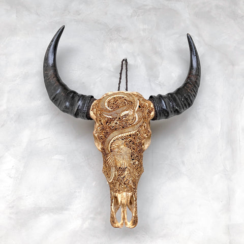 Drache Phönix | Handgeschnitzter Büffelschädel