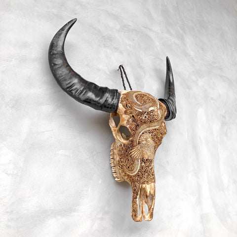 Drache Phönix | Handgeschnitzter Büffelschädel