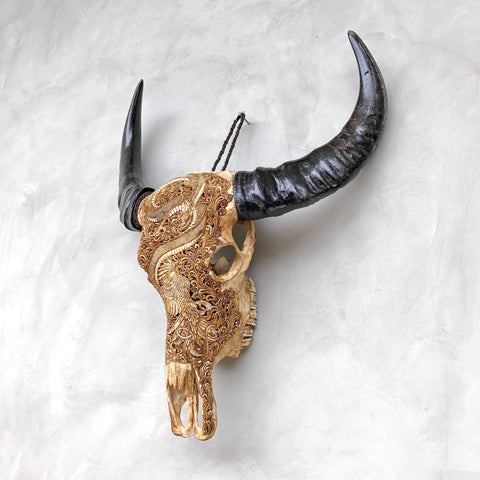 Drache Phönix | Handgeschnitzter Büffelschädel