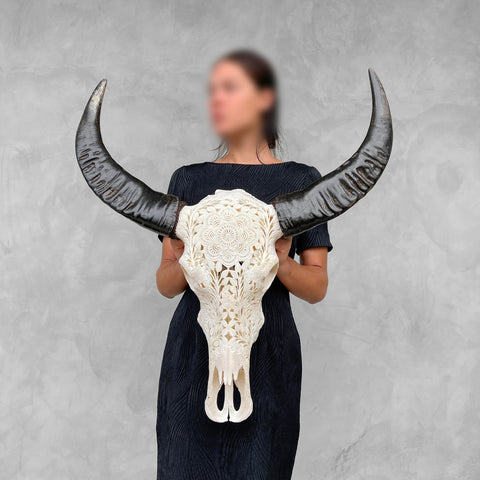 Wildblumenkrieger | Handgeschnitzter Büffelschädel