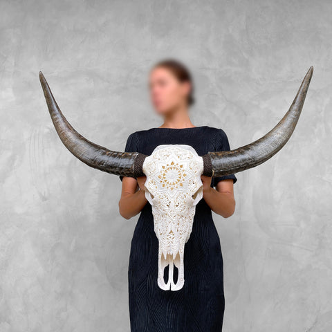 Kosmische Mandala-Krone | Handgeschnitzter Büffelschädel